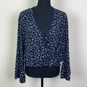 Promesa navy floral surplice wrap front bell sleeve blouse women’s S